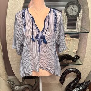 Isabel Marant Blue and White Striped Embroidered V-Neck Tunic